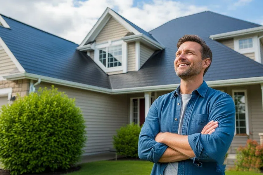 Florida homeowner standing in front of a newly roofed home