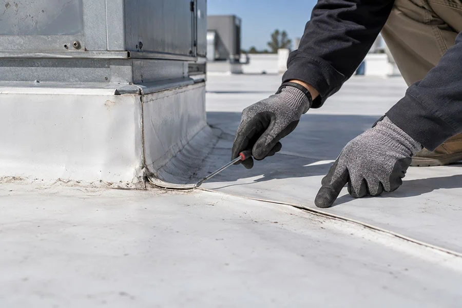 Technician inspecting a flat roof seam around HVAC equipment