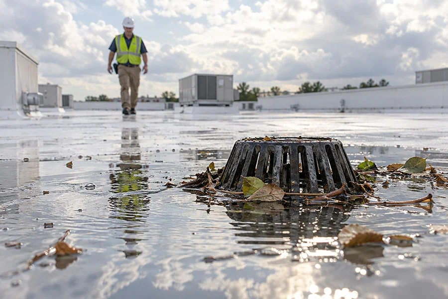 Ponding water around a flat roof drain in Tampa