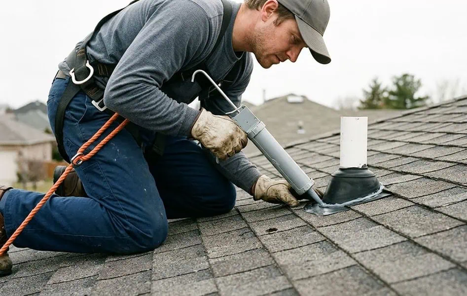 Roofer repairing a pipe boot leak on a shingle roof