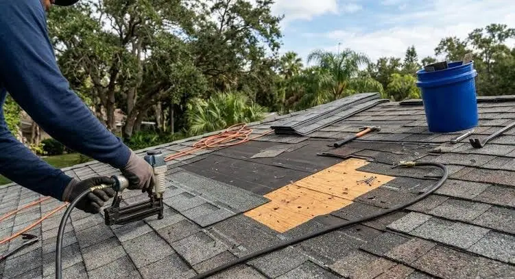 Roof leak repair on an asphalt shingle roof in Tampa