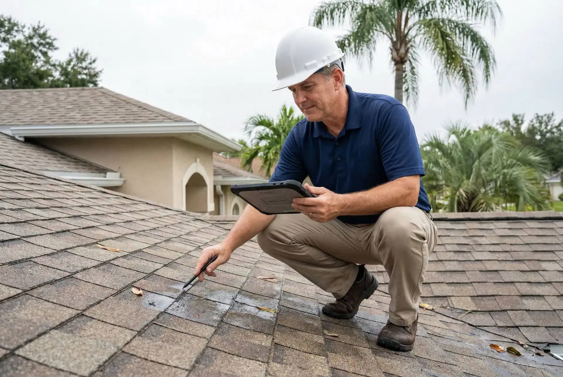 Roofer inspecting shingles for hidden storm damage